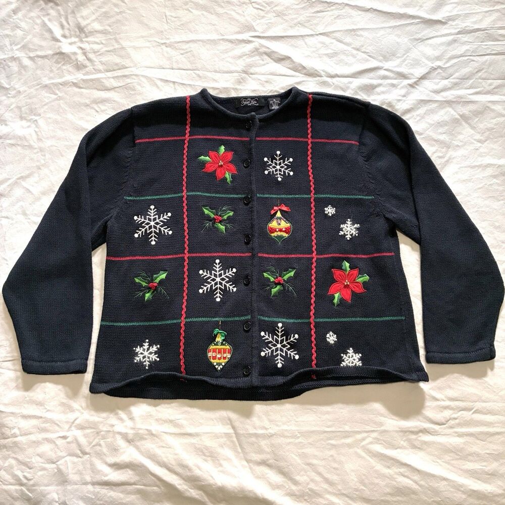 Crystal Kobe Christmas Holiday Women’s XL Sweater Cardigan Beaded Embroidered